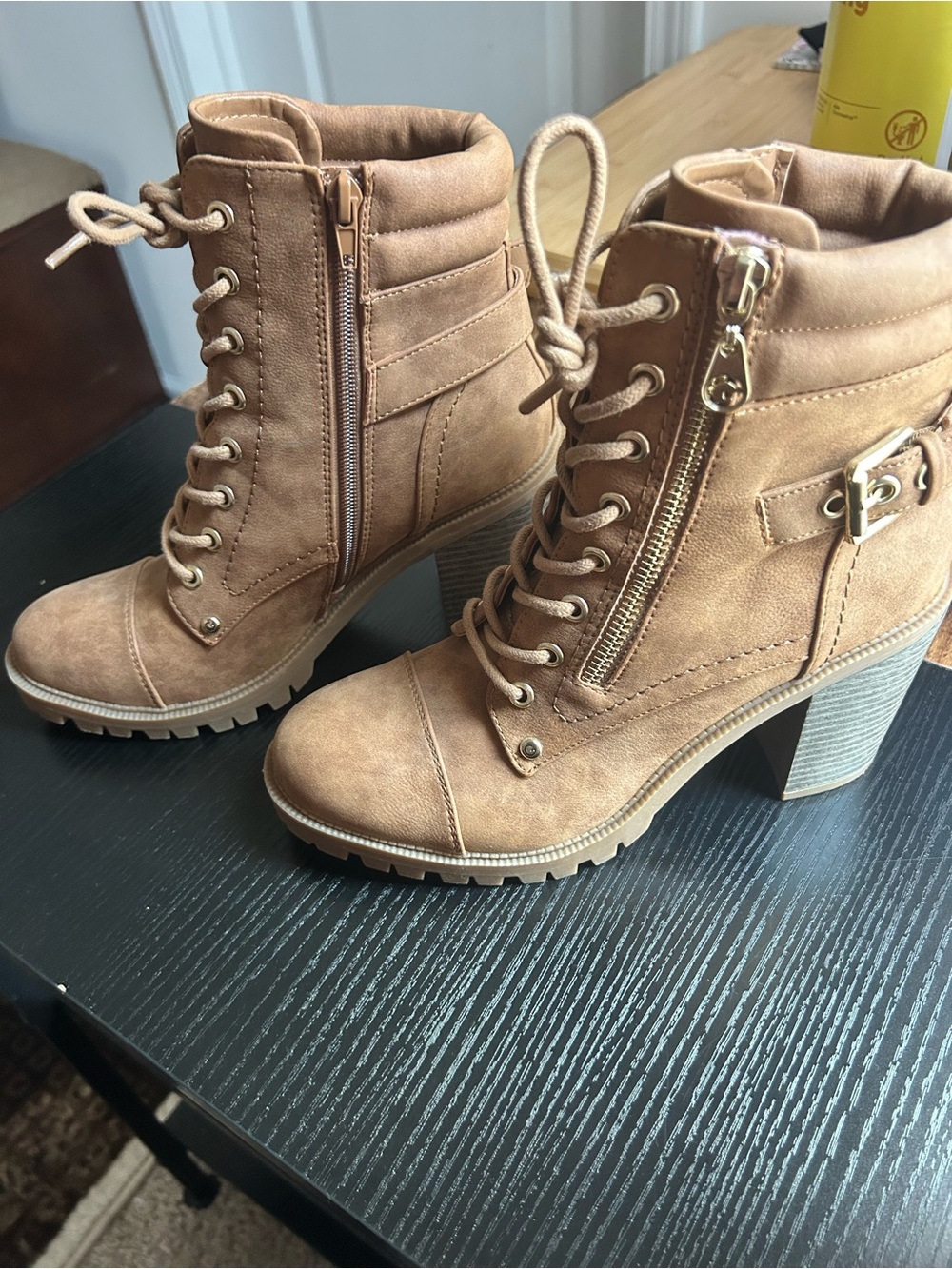 G by Guess Tan Lace-Up Block Heel Ankle Boots